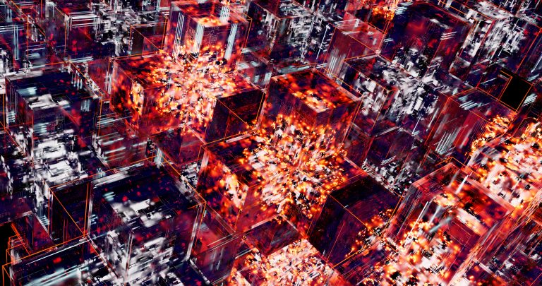 Abstract image featuring digital cubes with vibrant LED lighting effects, representing technology