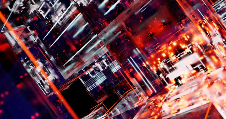 Abstract futuristic cyber landscape with digital matrix and glowing lights