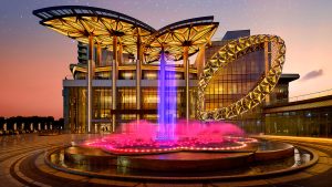 Illuminated fountain and architecture at Jio World Centre in Mumbai